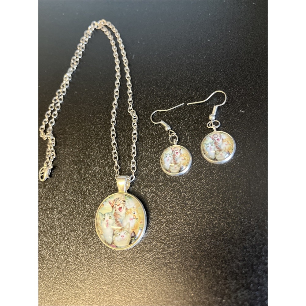 CAT KITTEN FACE HEAD Selfie PET ANIMAL Pendant‎ Necklace Earrings Silver Tone